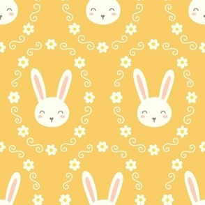Bunnies in Flower Frame on Yellow (Large Scale)