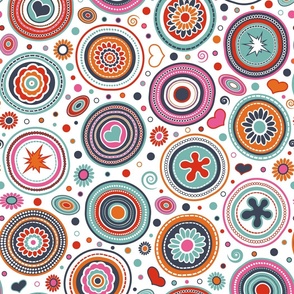 Mid Century Modern (MCM) Funky Circles // Retro Geometric // Flowers, Hearts, Dots, Swirls, Ovals // White, Red, Orange, Fuchsia Pink, Turquoise Blue // Medium Scale - 428 DPI