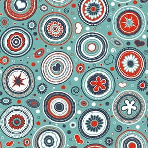 Mid Century Modern (MCM) Funky Circles // Retro Geometric // Flowers, Hearts, Dots, Swirls, Ovals // Red, White, Navy Blue, Seafoam Blue Green // Medium Scale - 428 DPI