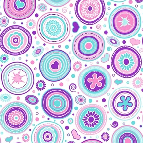 MCM Funky Circles // Retro Geometric // Flowers, Hearts, Dots, Swirls, Ovals // Pink, Purple, Turquoise Blue, White // Medium Scale - 428 DPI