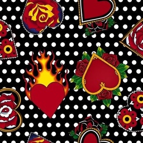 Polka Dots - Red Tattoo Hearts Black White