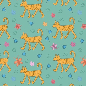 Seamless pattern with funny dog, butterfly and flower on green background.