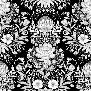 Garden Flowers Block Print Damask black and white 