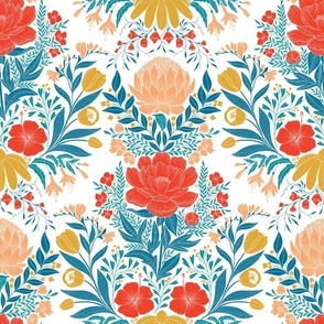 Garden Flowers Block Print Damask retro color palette on white 