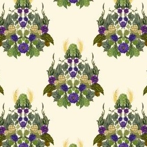 Hops, leaves, Flowers, and Barley in a Damask Pattern on Cream
