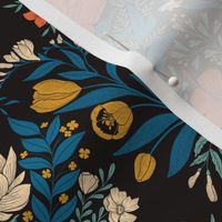 Garden Flowers Block Print Damask retro color palette 2 on black