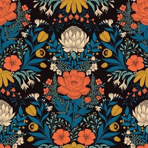 Garden Flowers Block Print Damask retro color palette 2 on black