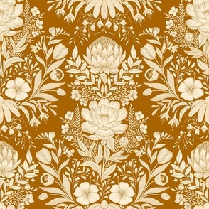 Garden Flowers Block Print Damask on burnt sienna neutral  