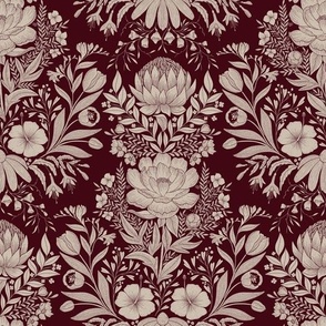 Garden Flowers Block Print Damask on burgundy 