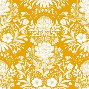 Garden Flowers Block Print Damask on golden yellow 