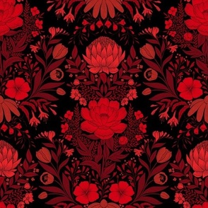 Garden Flowers Block Print Damask monochrome red shades  on black 