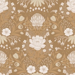 Garden Flowers Block Print Damask monochrome neutral earth tone 