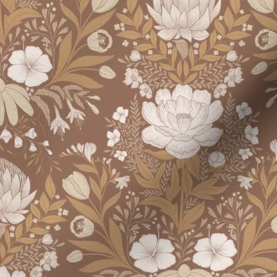 Garden Flowers Block Print Damask monochrome neutral earth tone  2