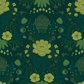 Garden Flowers Block Print Damask monochrome green shades on dark green