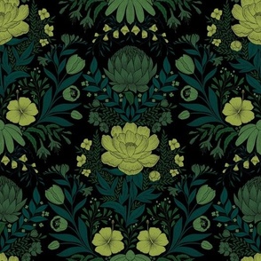 Garden Flowers Block Print Damask monochrome green shades on black 