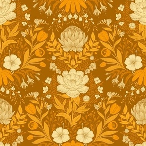 Garden Flowers Block Print Damask monochrome burnt sienna 