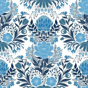 Garden Flowers Block Print Damask monochrome blue shades on white 