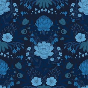 Garden Flowers Block Print Damask monochrome blue shades on dark blue