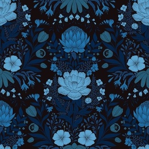 Garden Flowers Block Print Damask monochrome blue shades on black 