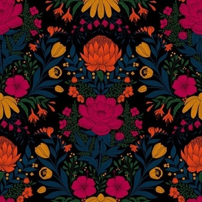 Garden Flowers Block Print Damask colorful folklore palette on black 2