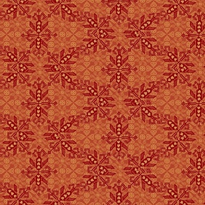 motif indien en rouge sur fond floral rose saumon