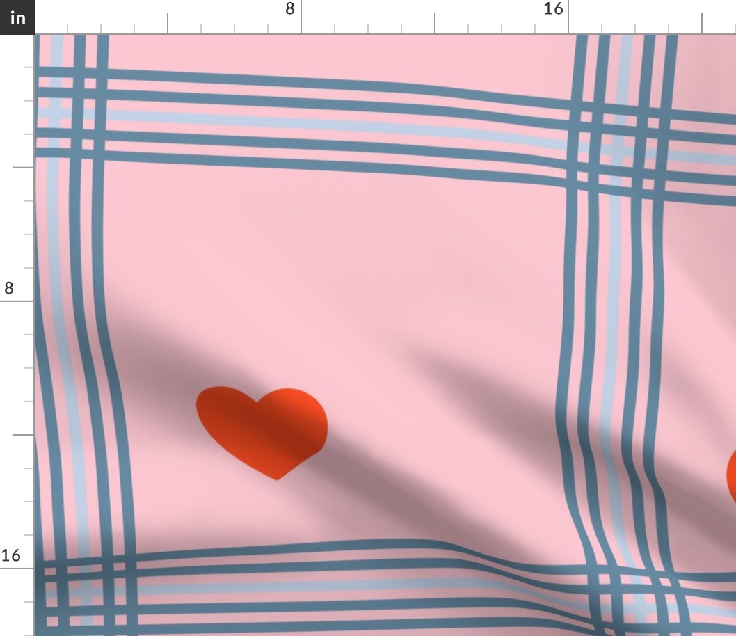 Blue and pink plaid with hearts - Large scale