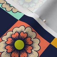 Colourful classic spring flower checks in midnight blue - millennial - medium