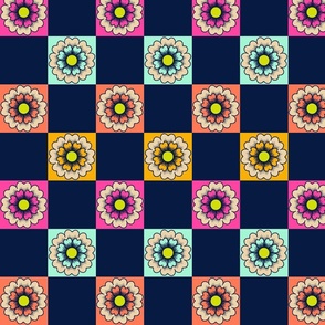 Colourful classic spring flower checks in midnight blue - millennial - medium