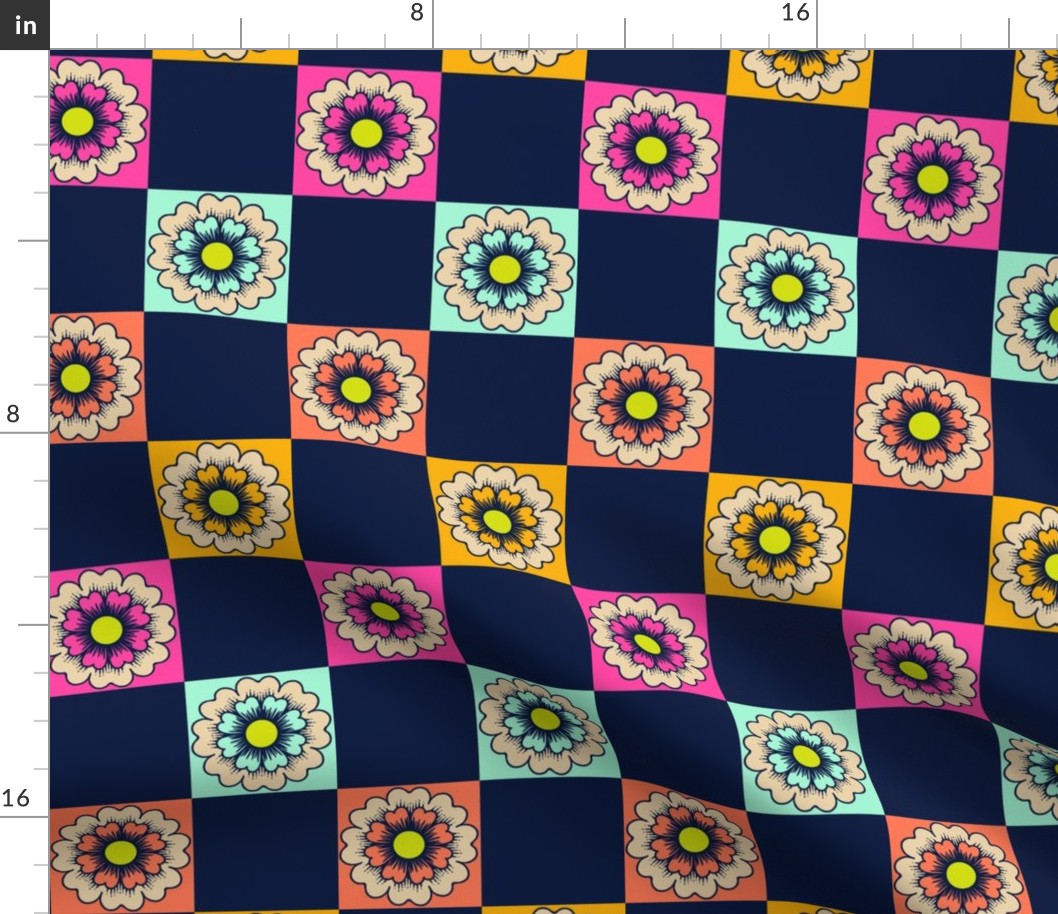 Colourful classic spring flower checks in midnight blue - millennial - medium