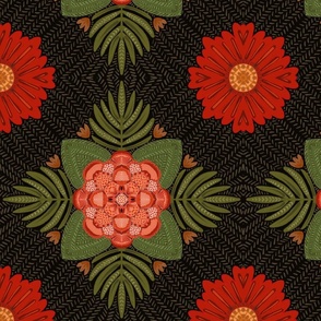 Floral diamond; red and peach on black 