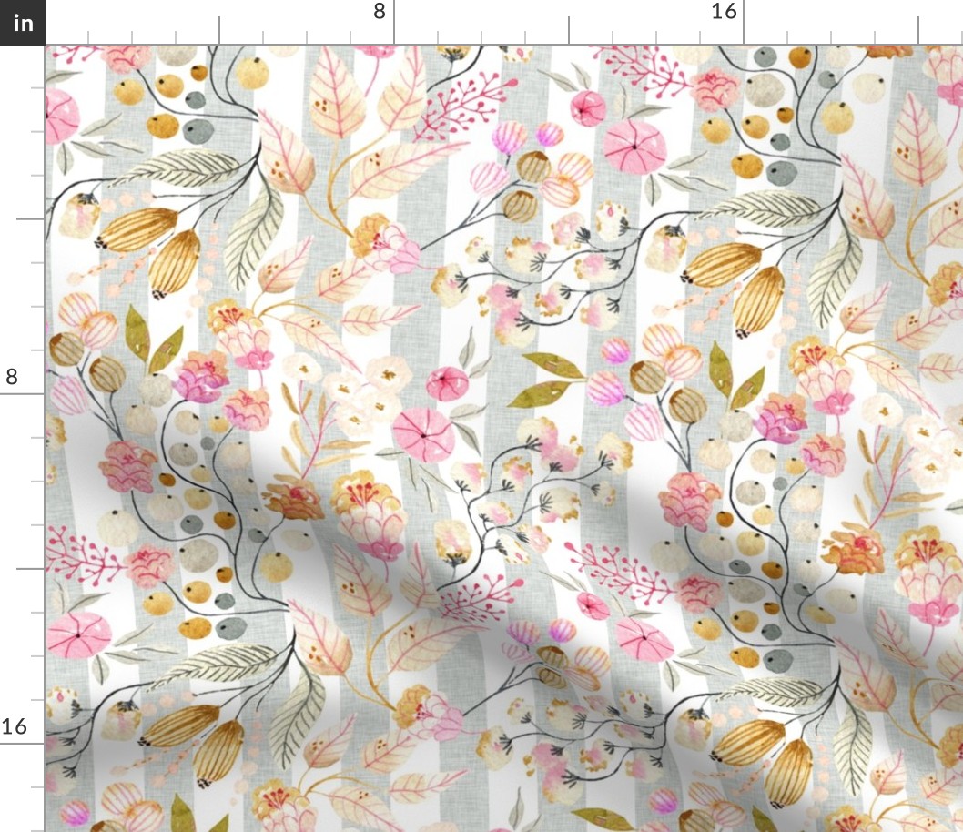 12” Haley Floral (silver linen 1" vertical stripe) Lovely Watercolor Flowers Pink Blush Silver Gold, 12” repeat GL-HF1