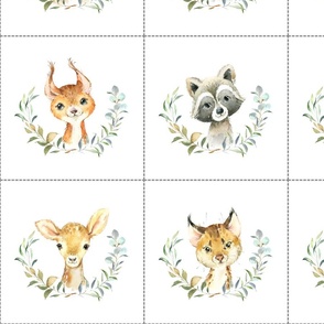 8" Nature Trails animal blocks (fox, raccoon, wolf, badger, deer, bear, hedgehog, owl, squirrel, bobcat) with dotted cutting lines, DIY quilt blocks