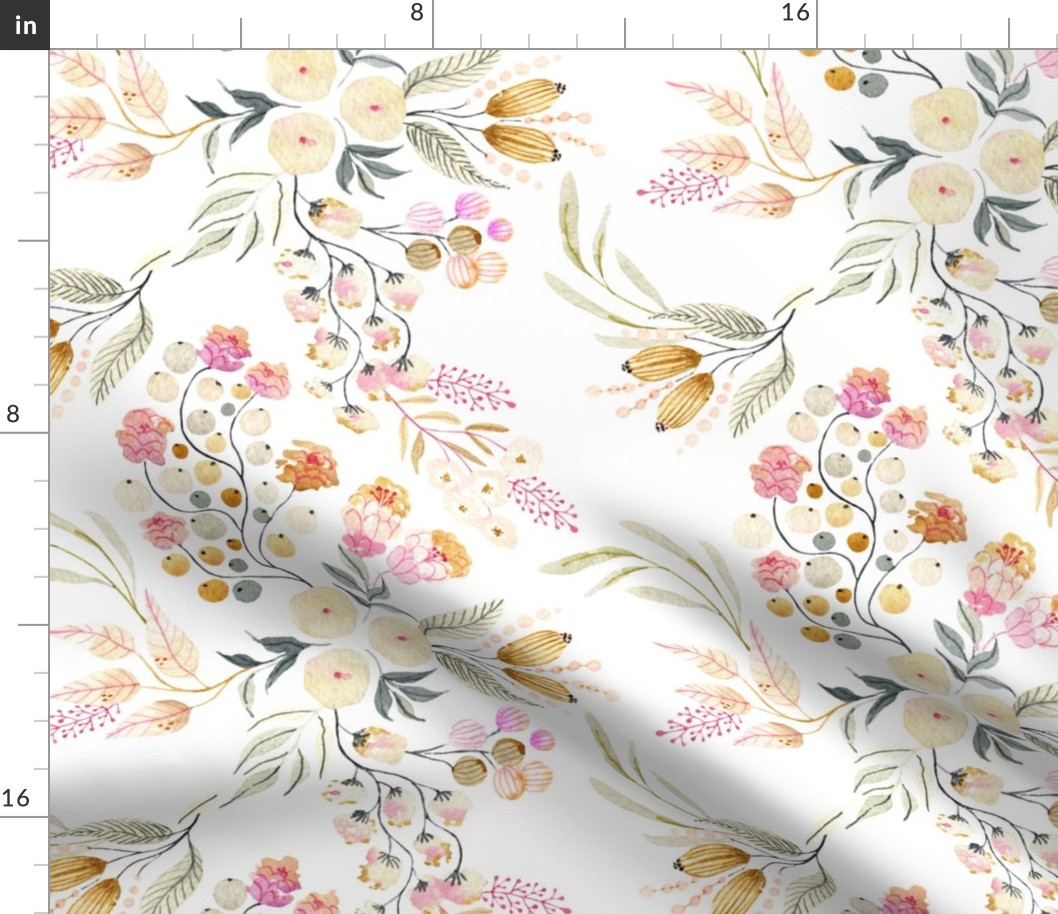 12” Haley Floral – Lovely Watercolor Flowers Pink Blush Silver Gold, 12” repeat GL-HF4