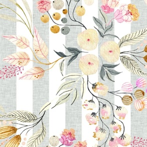 24” Haley Floral (silver linen 2” vertical stripe) Lovely Watercolor Flowers Pink Blush Silver Gold, 24” repeat GL-HF4