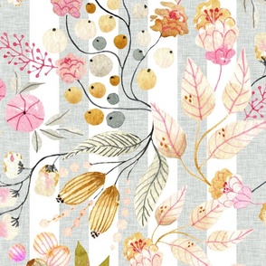 24” Haley Floral (silver linen 2" vertical stripe) Lovely Watercolor Flowers Pink Blush Silver Gold, 24” repeat GL-HF1