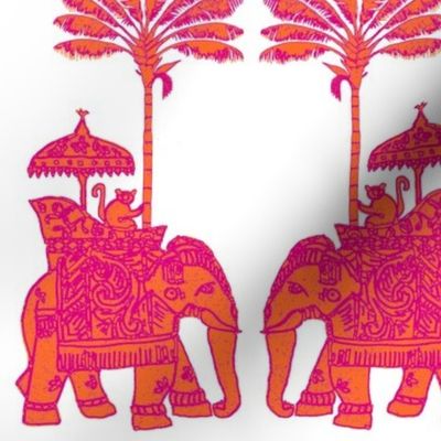 Indian Elephant Block Print -  Orange & Fuchsia