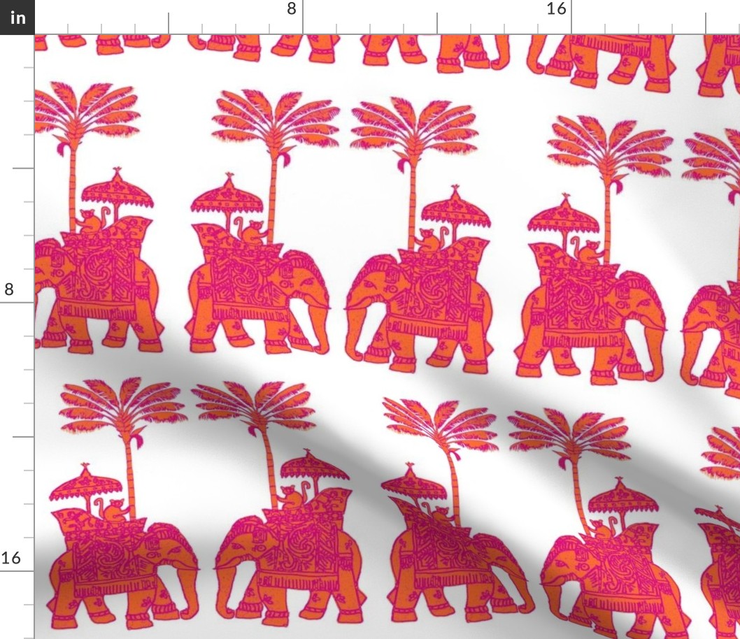 Indian Elephant Block Print -  Orange & Fuchsia