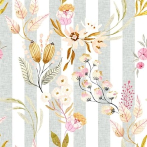 12” Haley Floral (silver linen 1" vertical stripe) Lovely Watercolor Flowers Pink Blush Silver Gold, 12” repeat GL-HF3