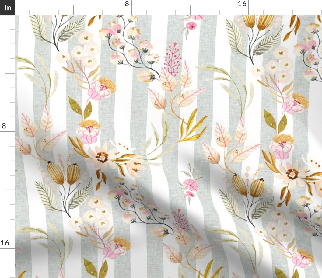 12” Haley Floral (silver linen 1" vertical stripe) Lovely Watercolor Flowers Pink Blush Silver Gold, 12” repeat GL-HF3