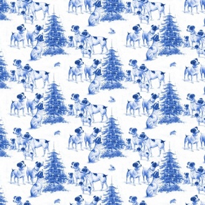 Puppies around Christmas tree blue and white