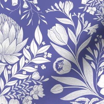 Garden Flowers Block Print Damask on Very Peri Pantonecoty2022 with white 