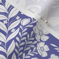 Garden Flowers Block Print Damask on Very Peri Pantonecoty2022 with white 