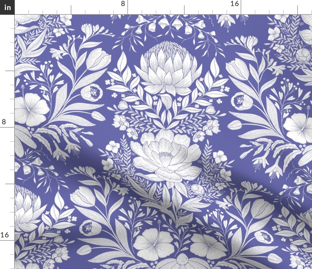 Garden Flowers Block Print Damask on Very Peri Pantonecoty2022 with white 