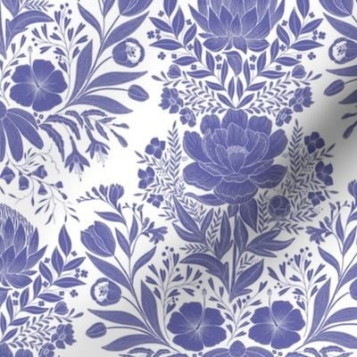 Garden Flowers Block Print Damask on white with Very Peri Pantonecoty2022