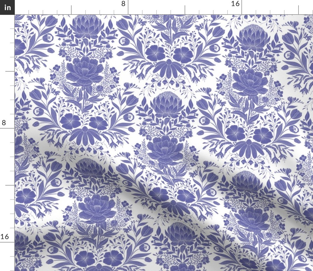 Garden Flowers Block Print Damask on white with Very Peri Pantonecoty2022