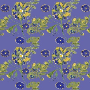 Indigo Inked Bohemian Vintage Woodland Paper Cut  Wild Flowers -Very Peri -  Periwinkle Blue - Large Scale