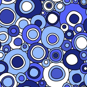 Mid Century Modern Overlapping Wobbly Circle Bits with Black Outlines  // Cobalt, Sky Blue, Navy Blue and White //  Medium Large - 333 DPI