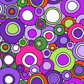 Mid Century Modern Overlapping Wobbly Circle Bits with Black Outlines  // Purple, Green, Orange, Fuchsia Pink and White // 333 DPI