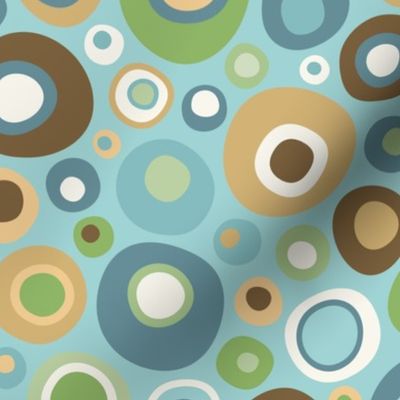 Mid Century Modern Wobbly Circle Bits // Turquoise, Ocean Blue, Gold, Green, Light Eggshell // V3 //  Medium Scale - 450 DPI