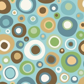 Mid Century Modern Wobbly Circle Bits // Turquoise, Ocean Blue, Gold, Green, Light Eggshell // V3 //  Medium Scale - 450 DPI